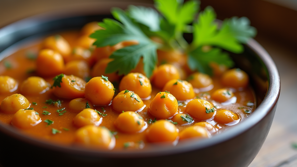 Close-up view of a bowl of vibrant chickpea curry with fresh coriander garnish