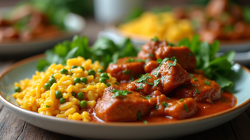 Eye-level view of frozen Caribbean meals including curried goat and rice and peas