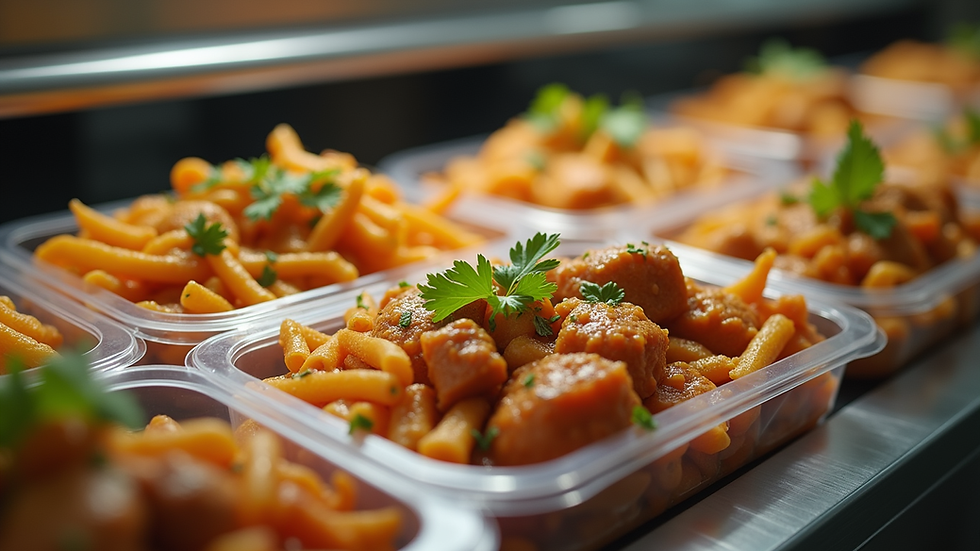 Close-up view of airtight containers filled with frozen Caribbean meals