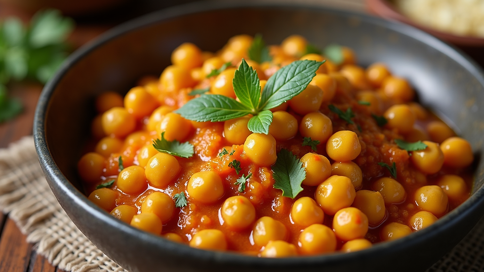 Close-up view of a bowl of chickpea curry with vibrant spices