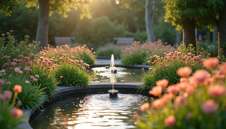 High angle view of a peaceful garden with blooming flowers and a small water fountain