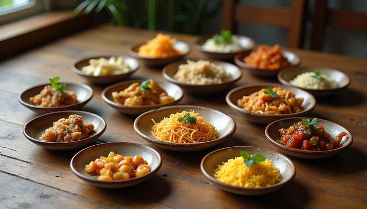 Eye-level view of a wooden table with zodiac-themed dishes arranged in a circle