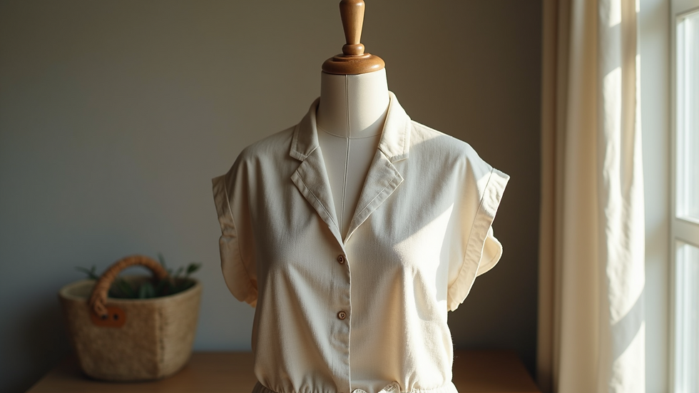Eye-level view of a stylish linen outfit displayed on a mannequin