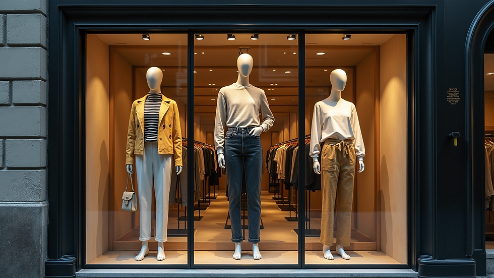 High angle view of a fashion boutique window displaying urban and vintage clothing styles