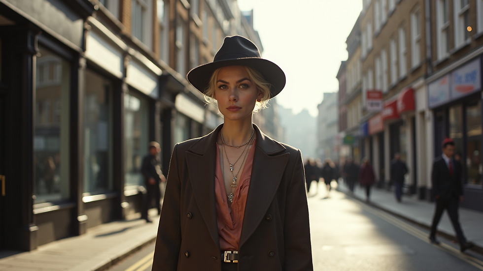Eye-level view of a street in London showcasing a mix of vintage and modern fashion styles