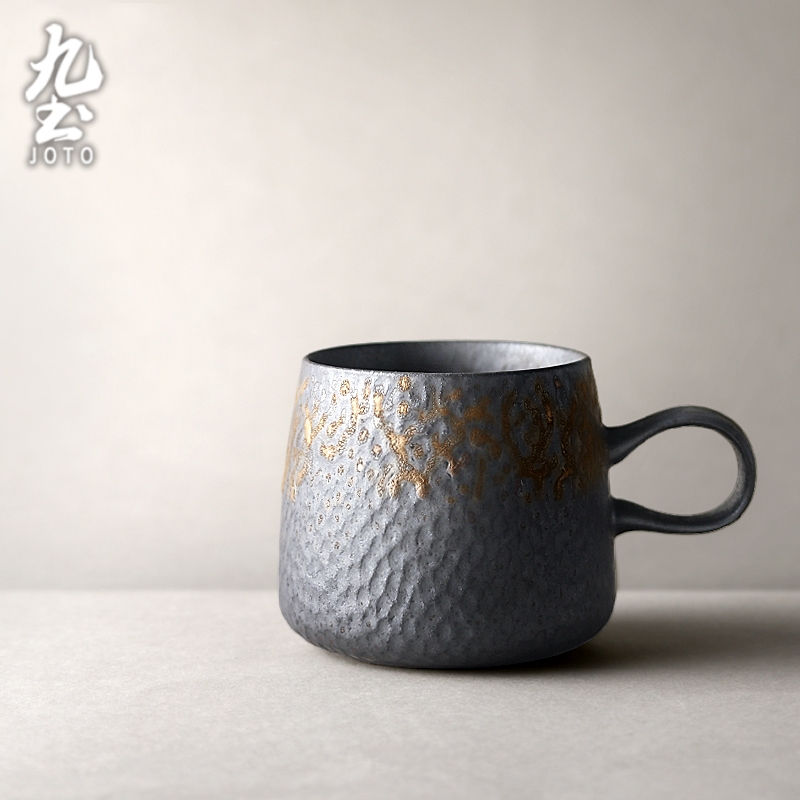 섬네일: JOTO - Rough Ceramic Coffee Cup and Saucer, Vintage, Handmade, Black, Office