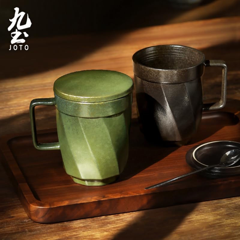 サムネイル： JOTO 460ml Ceramic Mug with Lid and Handle, Retro, Large Capacity, Office, Home