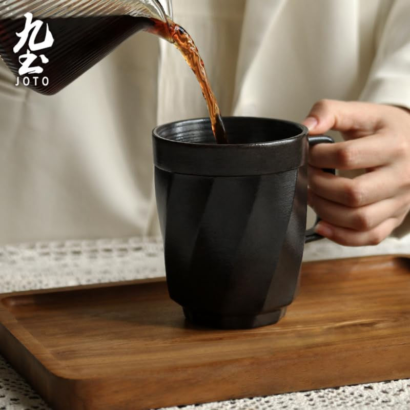サムネイル： JOTO 460ml Ceramic Mug with Lid and Handle, Retro, Large Capacity, Office, Home