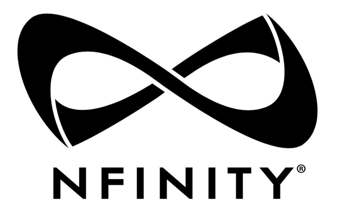 Black infinity symbol with the word INFINITY in a white background.