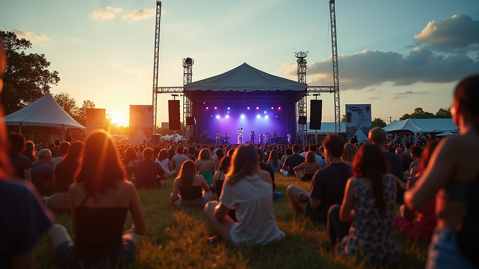 Eye-level view of an outdoor event featuring a mobile stage
