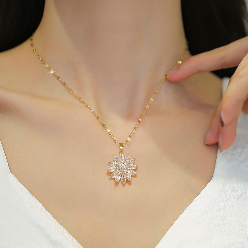 Miniatura: DIEYURO 316L Stainless Steel Luxury Zircon Flower Pendant Necklace For Women Gir