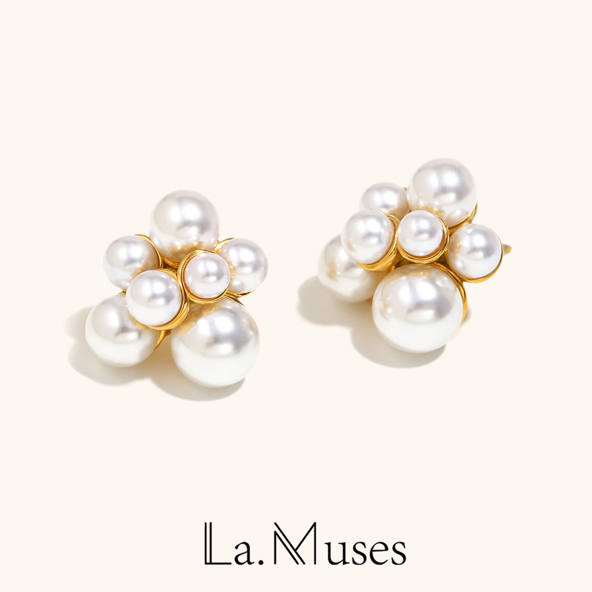 La. Muses Size Round Bead Imitation Pearl Grape Shaped Stainless steel Earrings