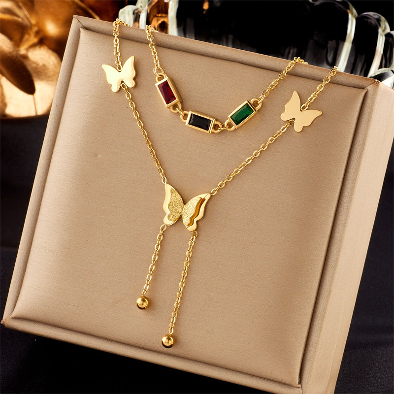 Miniatura: DIEYURO 316L Stainless Steel Colorful Zircon Butterfly Long Pendant Necklace For