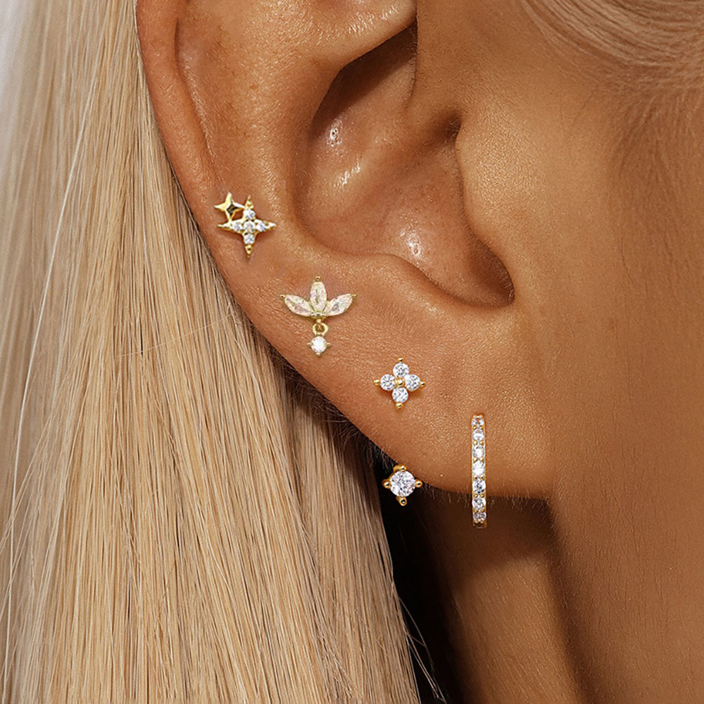 4PCS Zircon Star Moon Flower Small Hoop Earrings Set For Women Stainless Steel H