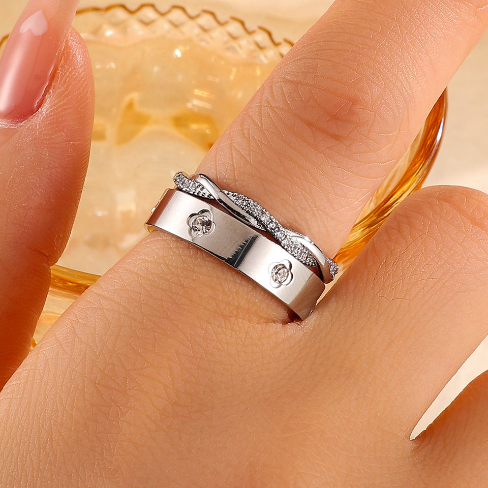 Miniatura: ZAKOL 2Pcs Stainless Steel Zircon-set Finger Ring Set for Women Exquisite Sliver
