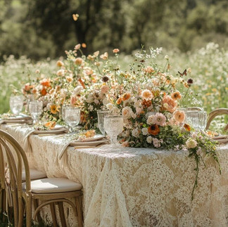 mesa decorada con flores y un menaje perfecto, con su vajilla, manteleria, cuberteria y cristalería