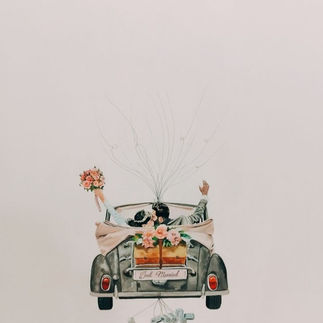 pintura de unos novios en el coche ya como recien casados
