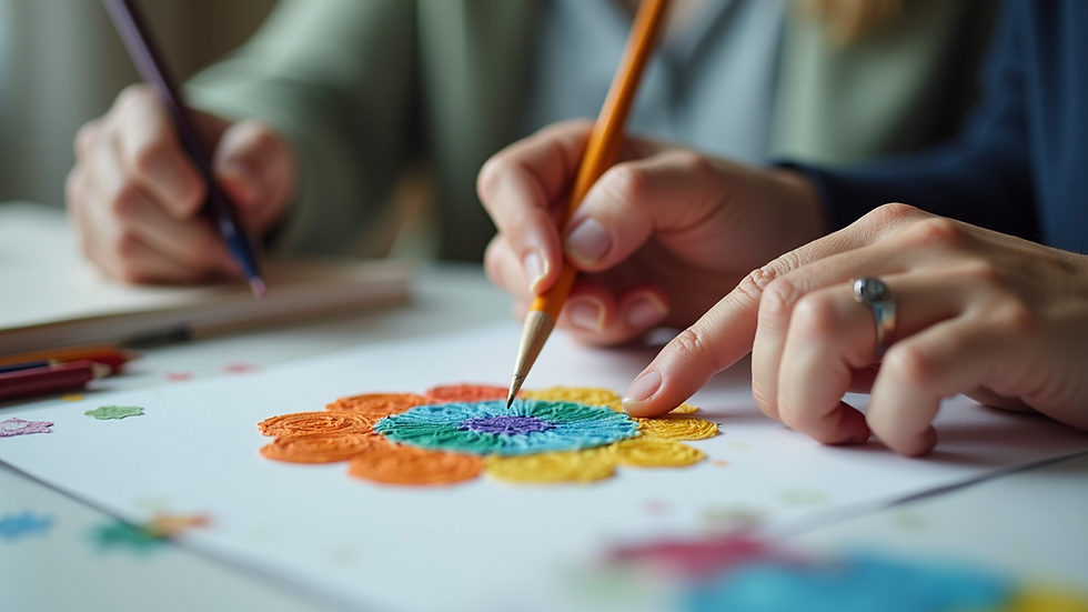 Close-up view of a therapist guiding a patient in an art activity