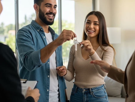 Pareja feliz recibiendo asesoramiento hipotecario en Rota