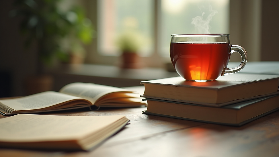 Eye-level view of a gentle book stack on a desk with a cup of tea