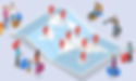 People with luggage stand around a large world map marked with location pins. The setting suggests travel planning and exploration.