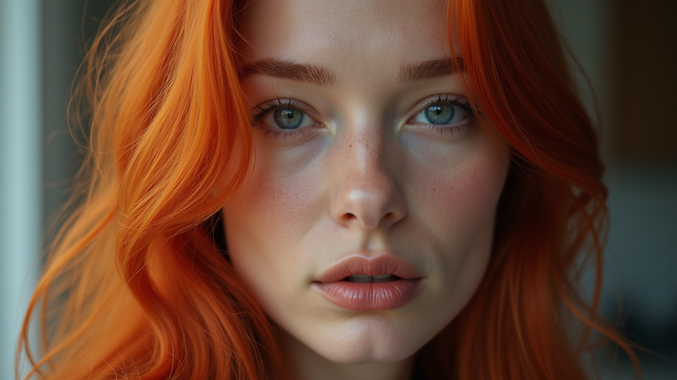 Close-up view of a woman with vibrant red hair after a custom color service