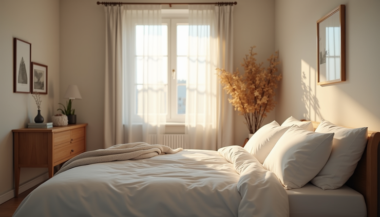Eye-level view of a cozy bedroom with soft lighting and a neatly made bed