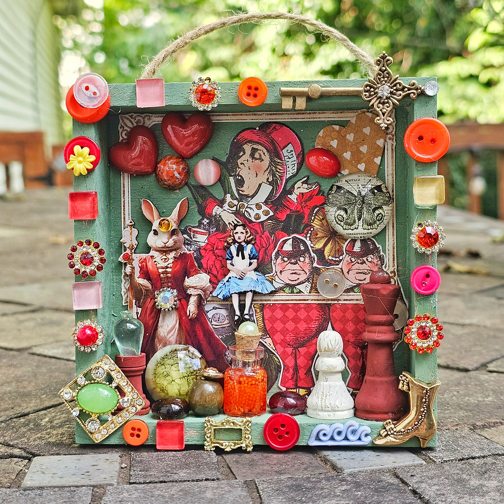 wonderland theme diorama-white rabbit queen-hearts-butterflies-chess pieces-twins-red & green theme