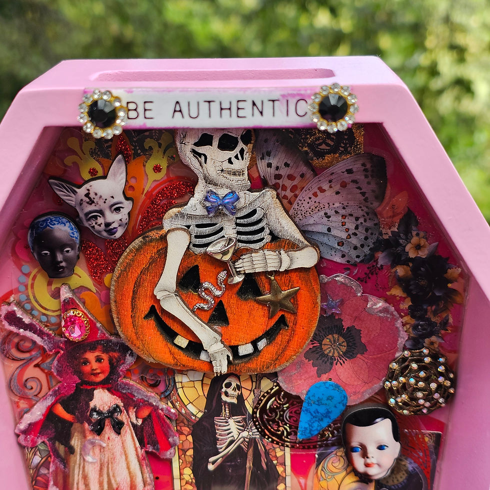 pink coffin mixed media-skeletons-black cat-witch-creepy doll heads-sugar skull