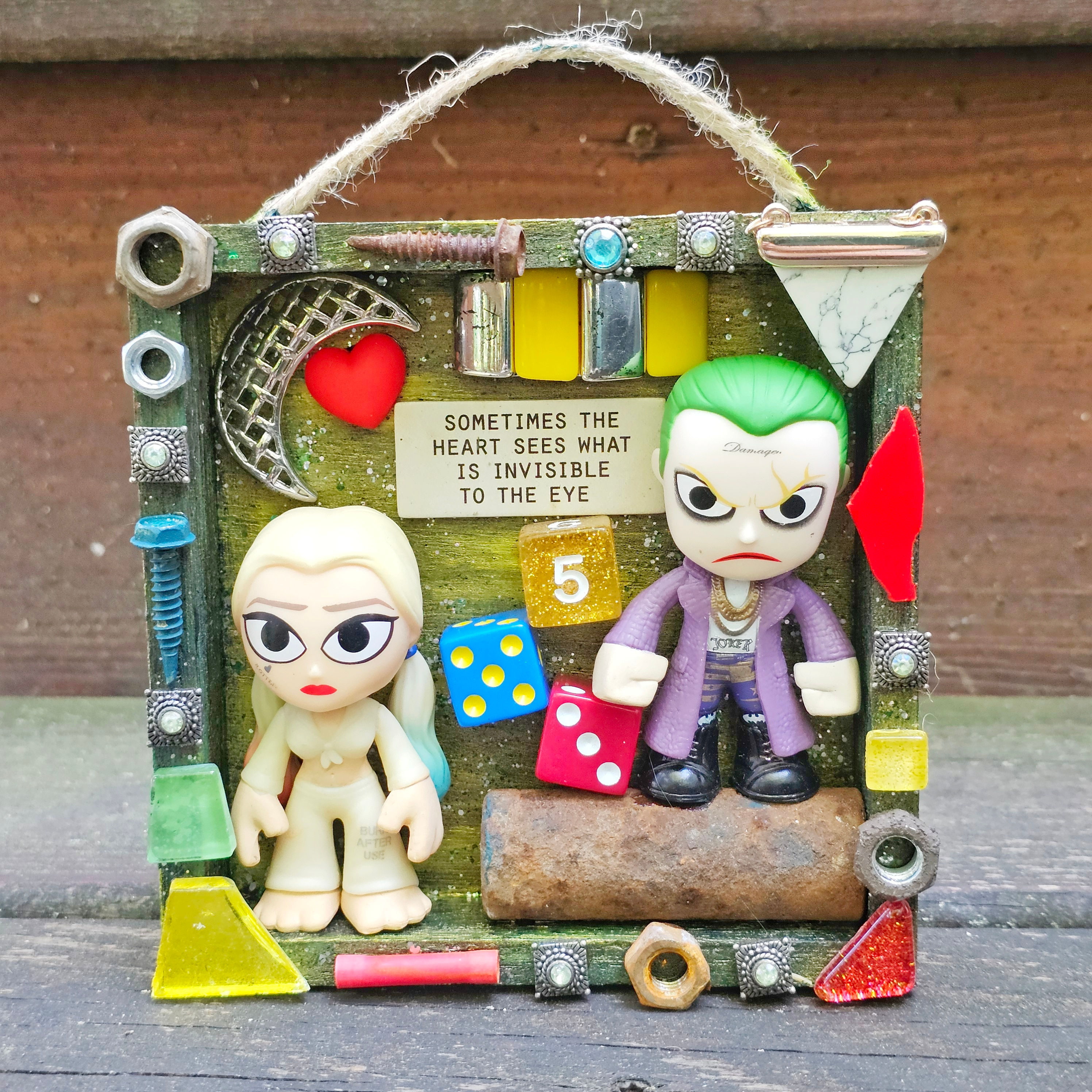broken people unite - joker & harley quinn - nuts -screws-glass-upcycled jewelry
