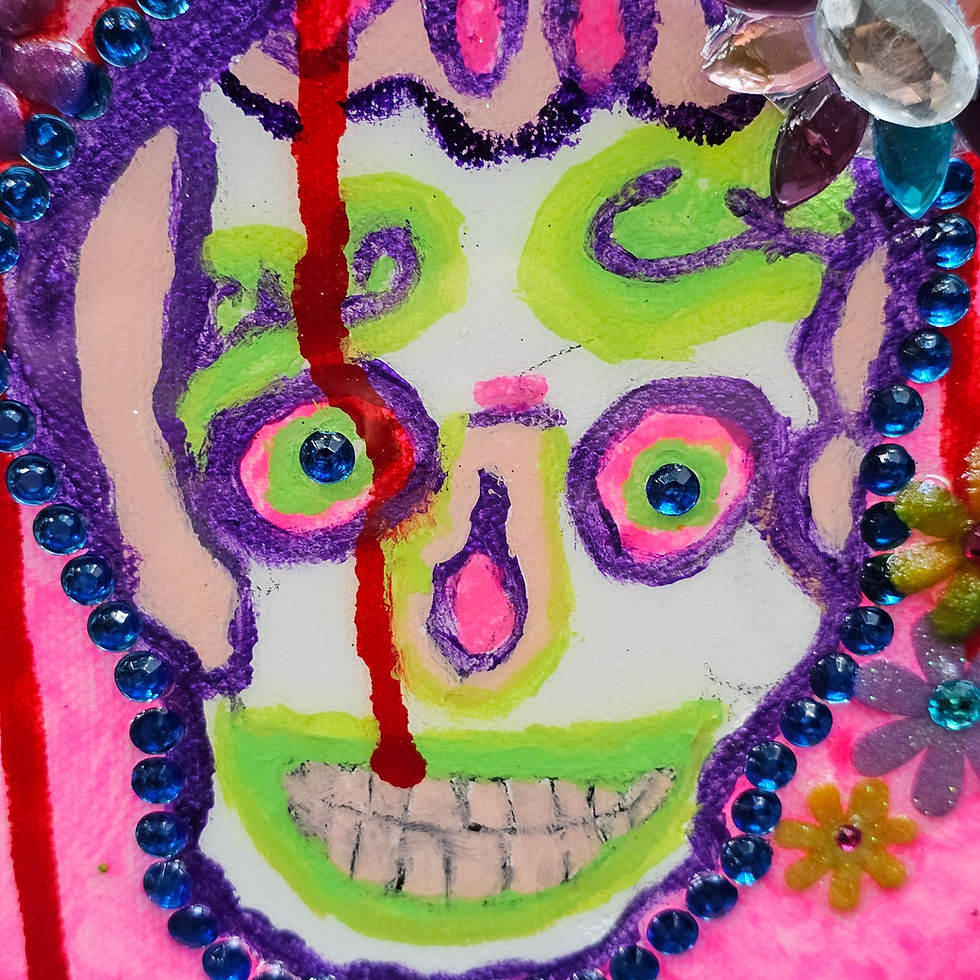 resin blood sugar skull-pink-purple-green-yellow-peach-flowers-brooch piece-blue rhinestones