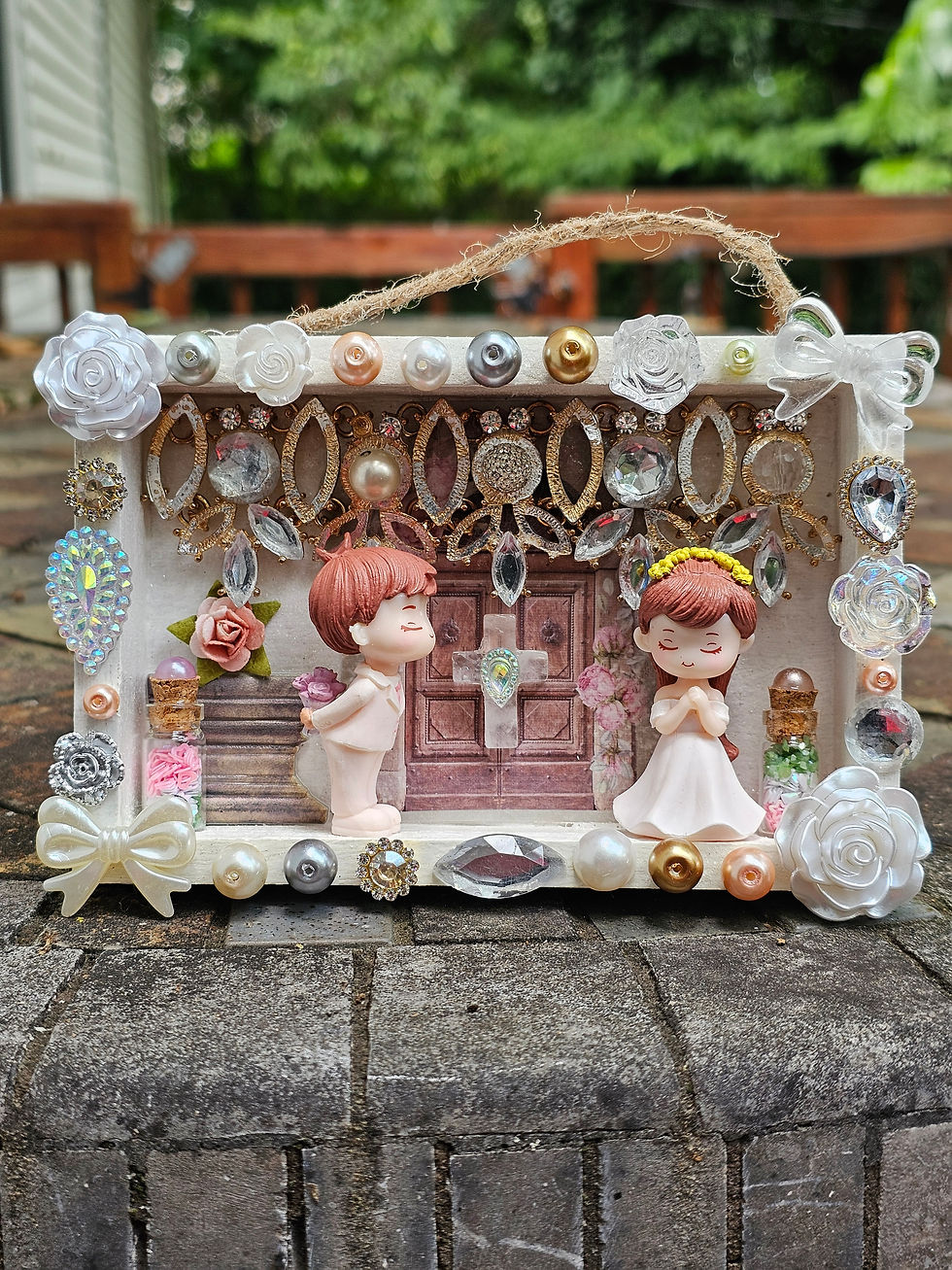 winter wedding diorama-boy and girl dressed up-church door with cross-antique white box-upcycled necklace-mini jars