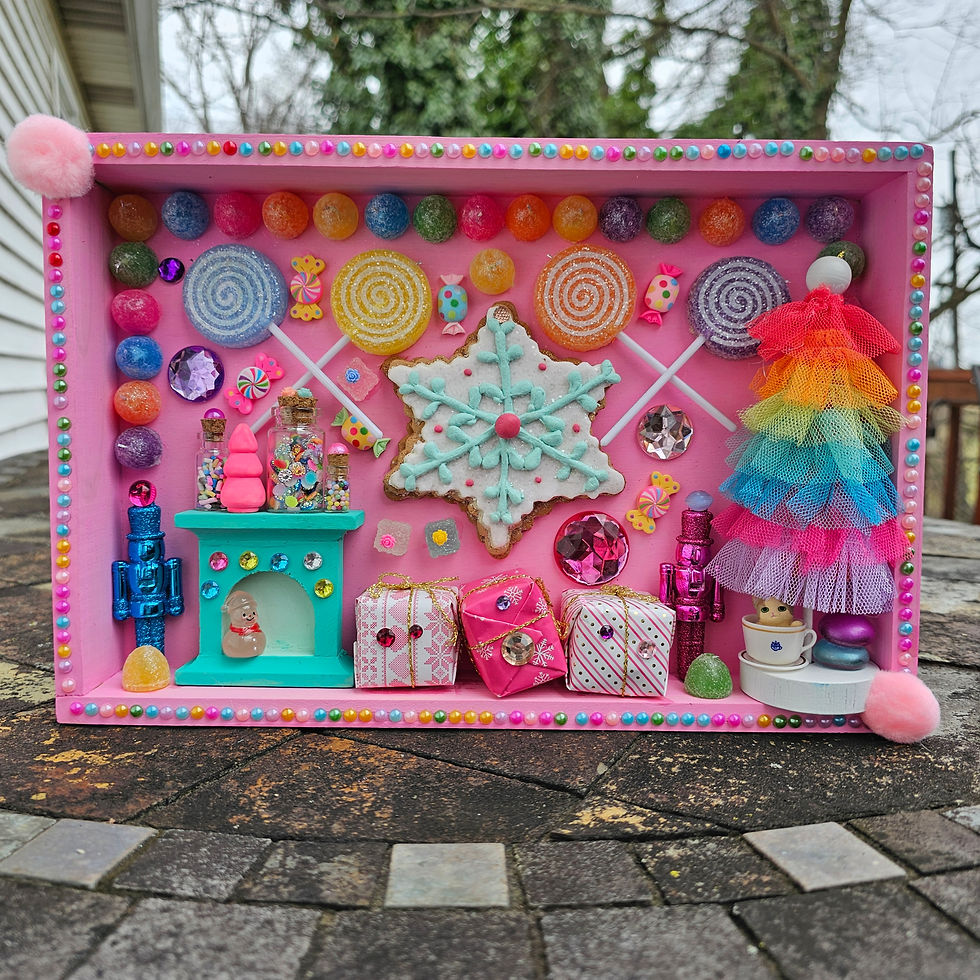 Pink Christmas Diorama-rainbow tree-cookie-candy-lollipops-presents-fireplace-tiny jars-nutcrackers-cat-gumdrops