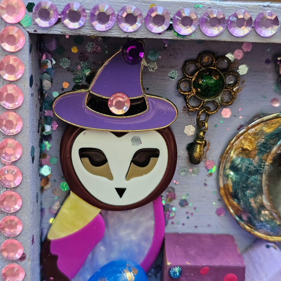 purple and pink owl wearing a purple witch hat-pink jack-o-lantern-hand painted mini houses-upcycled jewelry-purple box