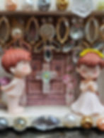 winter wedding diorama-boy and girl dressed up-church door with cross-antique white box-upcycled necklace-mini jars