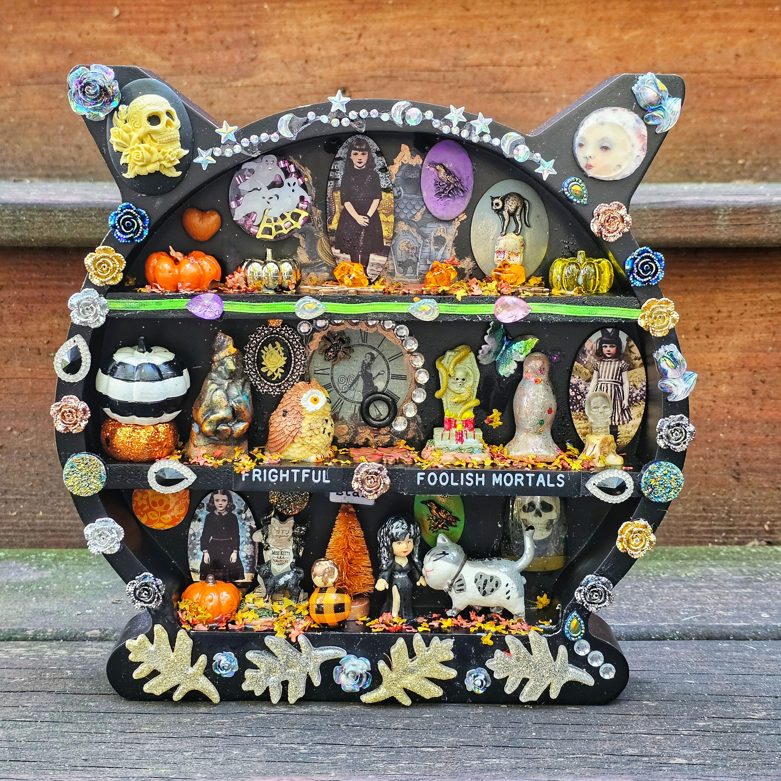 cat diorama-cats-goth girls-pumpkins-gravestone-skulls-moon-fall leaves-owl-birds-orange tree-clock-hand painted clay pieces