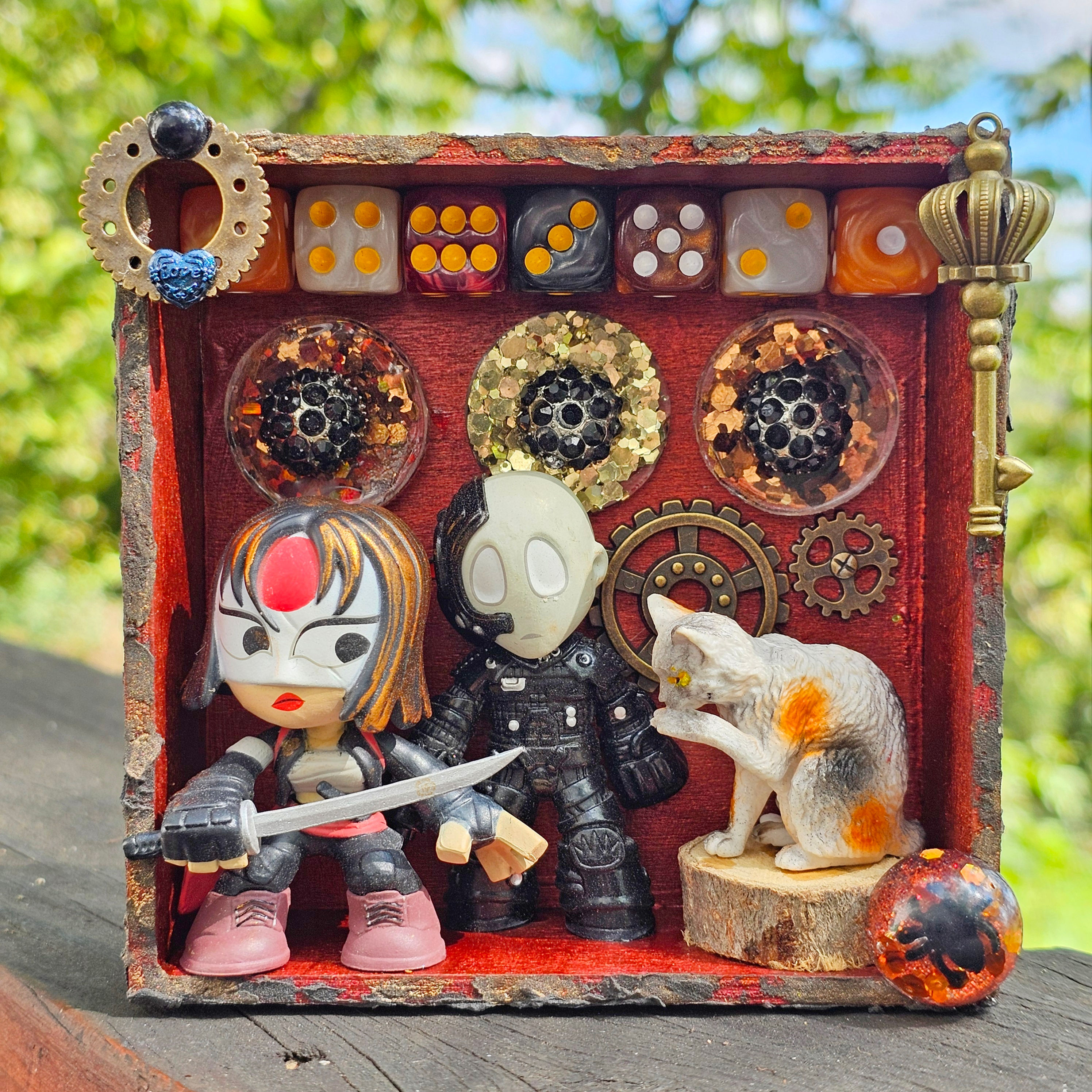 apocalyptic playdate diorama-creepy kids-metallic red wine color w/black sooty trim-glitter resin cabs-dice-cat