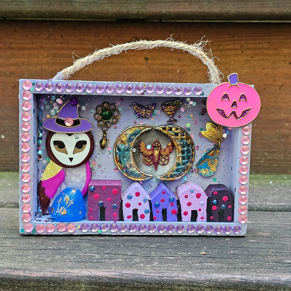 purple and pink owl wearing a purple witch hat-pink jack-o-lantern-hand painted mini houses-upcycled jewelry-purple box