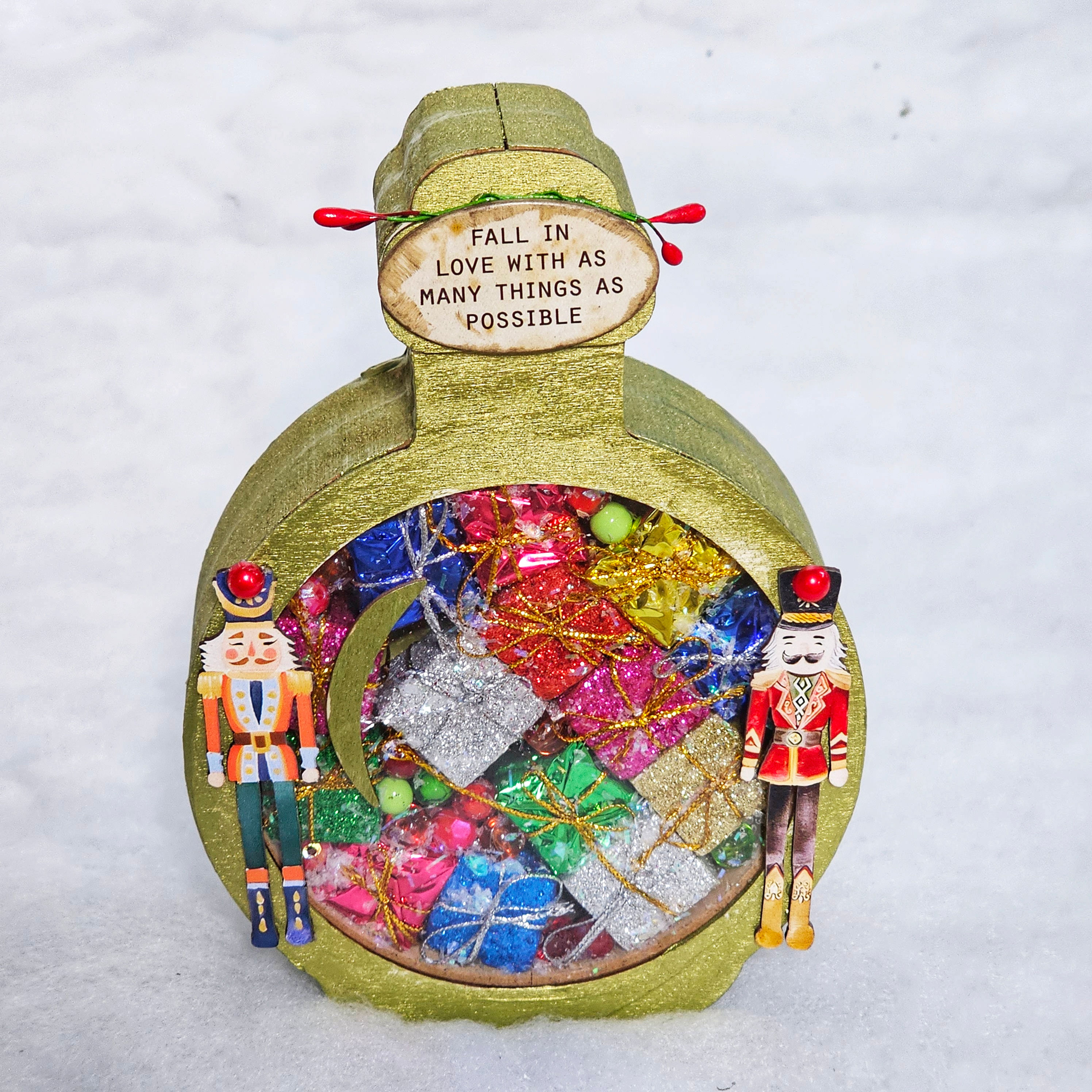 ornament shaped shadow box with clear front- inside miniature wrapped gifts-nutcrackers