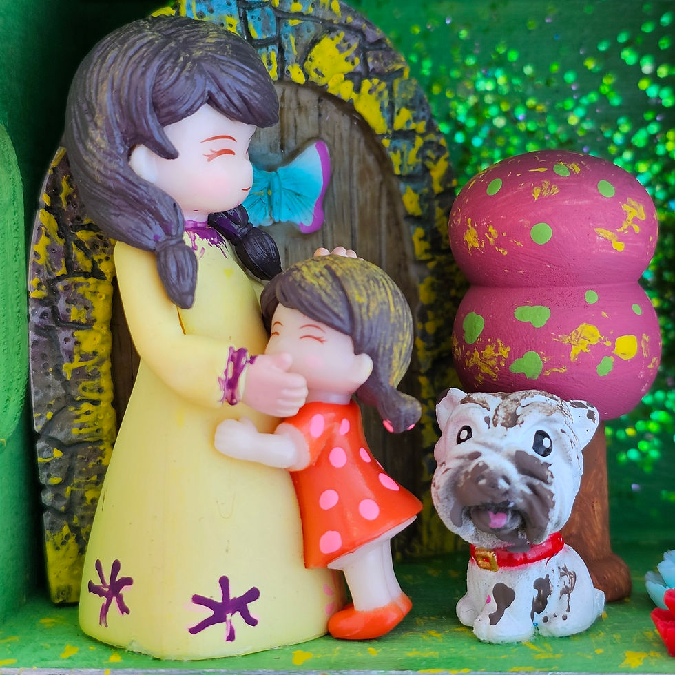 Mother and Daughter diorama-green-hugs-haindpainted trees-pup-rabbit-mailbox-flowers-glitter
