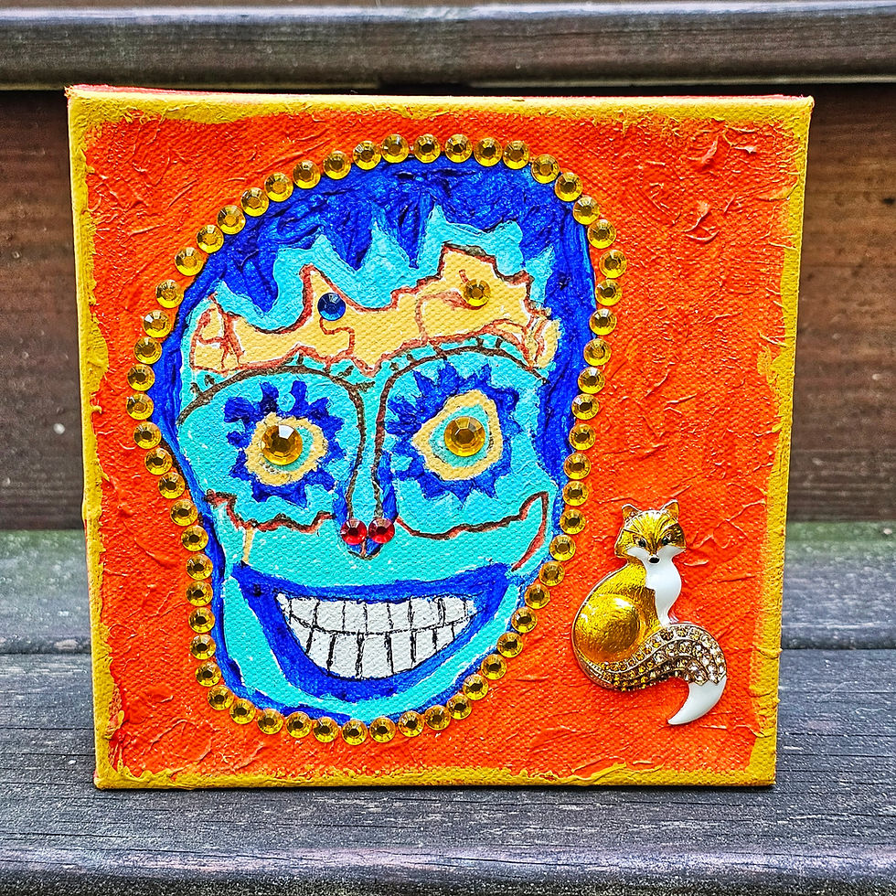 blue sugar skull on canvas-red fox brooch/pin-gold rhinestones-vivid orange red background