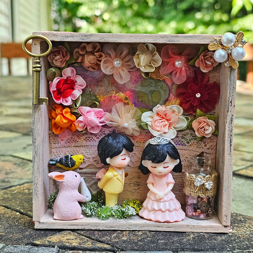 Spring Wedding diorama-boy and girl-pink rabbit-bird-floral fabric flowers-embellished glass jar-key