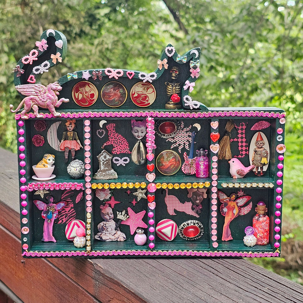 cat shaped shadow box-upcycled jewelry-creepy dolls-fairies-mini bottles, stars-moons