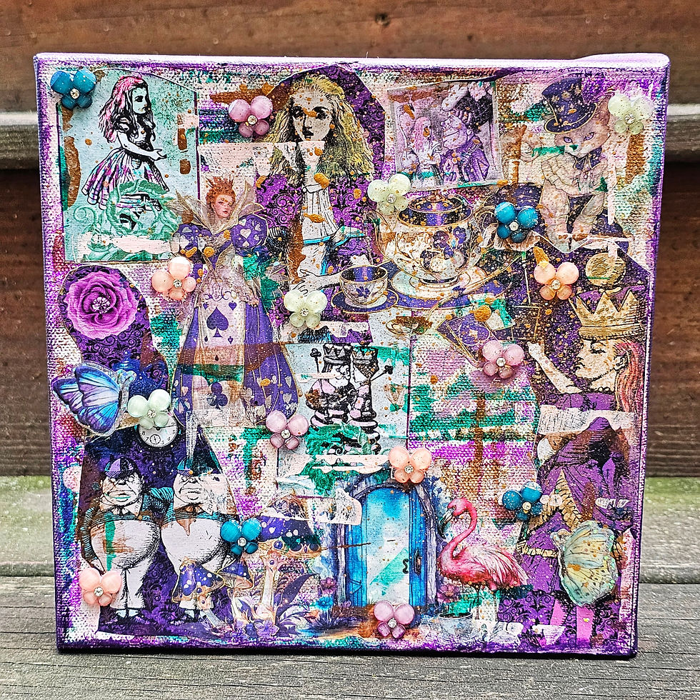 alice in wonderland mixed media art-queen-king-twins-butterflies-teacups-playing cards-cheshire cat-purple-blue-gold