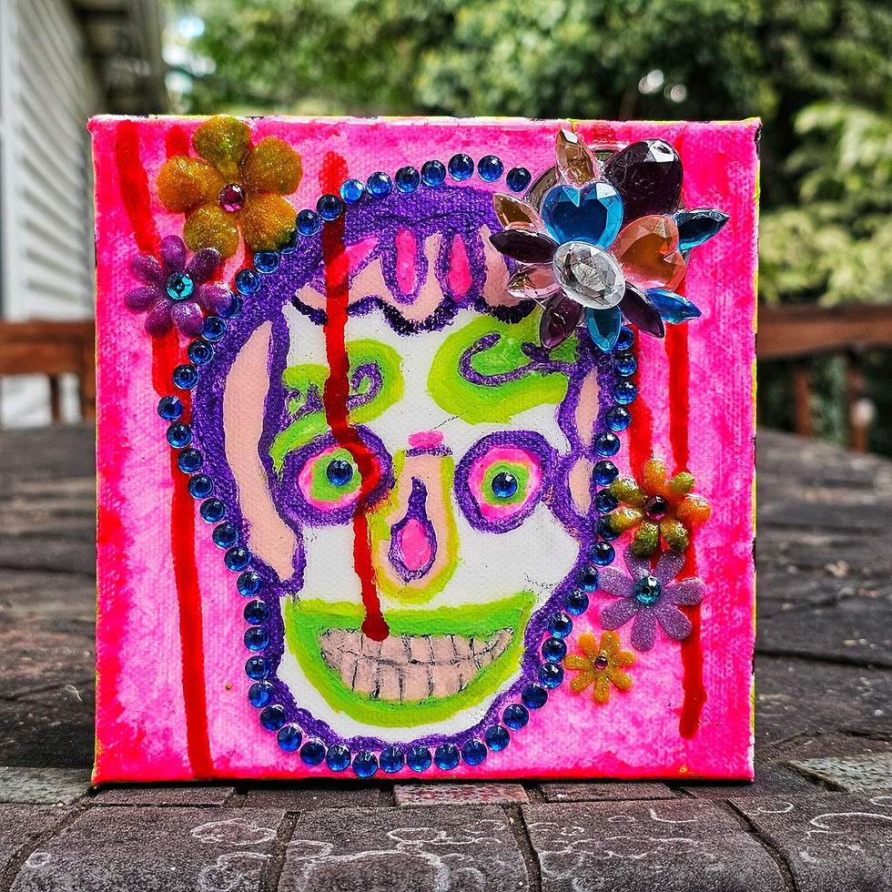 resin blood sugar skull-pink-purple-green-yellow-peach-flowers-brooch piece-blue rhinestones