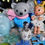 Thumbnail: blue winter wonderland display-reindeer-girl doll-nutcracker-blue tree-vintage angels-snowman bell-wolf-pup-teddy bear-snow