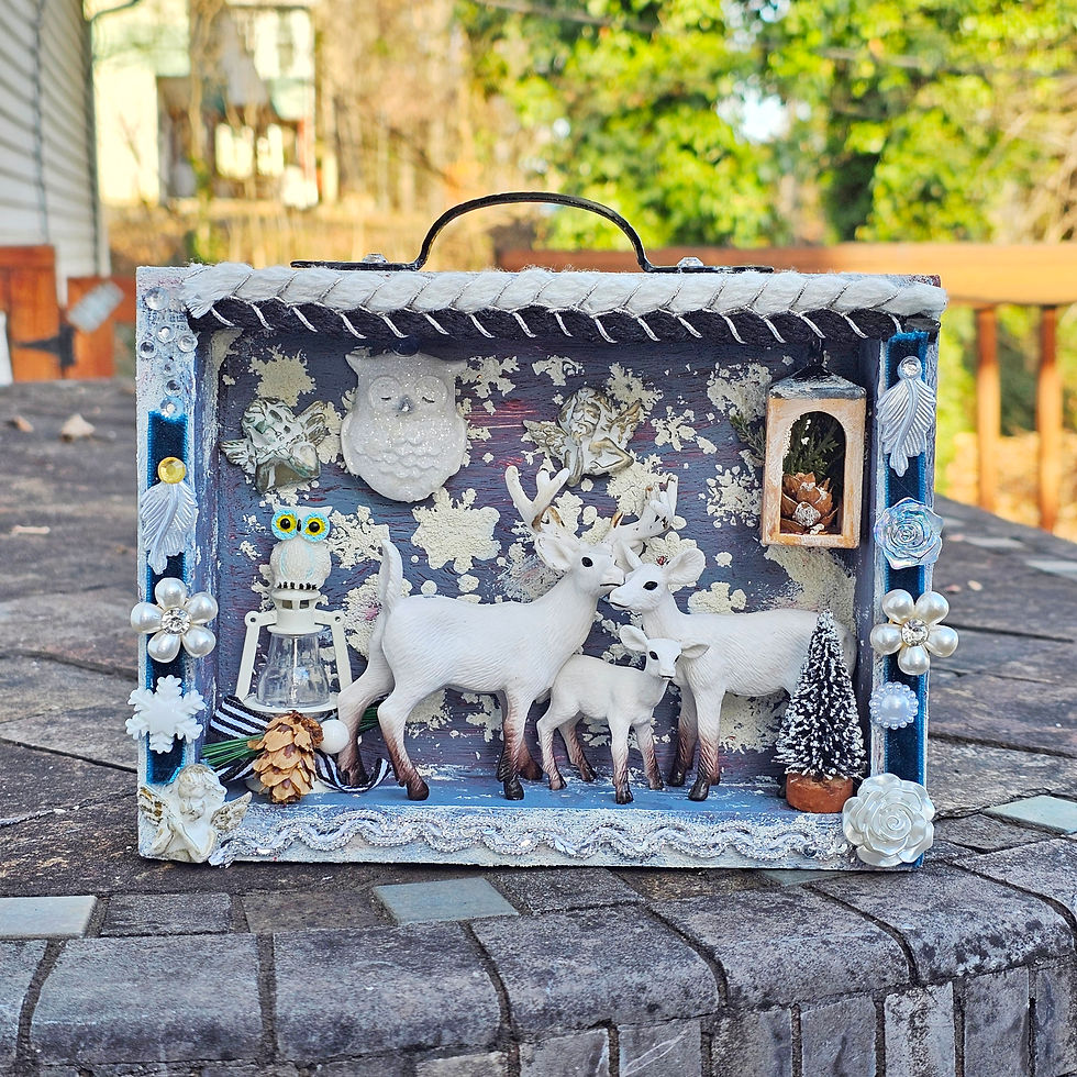 white deer family-owls-lantern-angels-tree-8x6x2"-snow in background-drawer pull on top