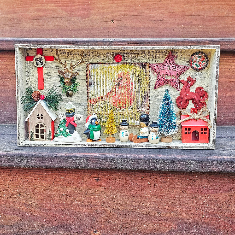Christmas Cardinal Diorama-red bird in square tin-reindeer star-vintage mini ornaments-reindeer head-penguin-mini houses