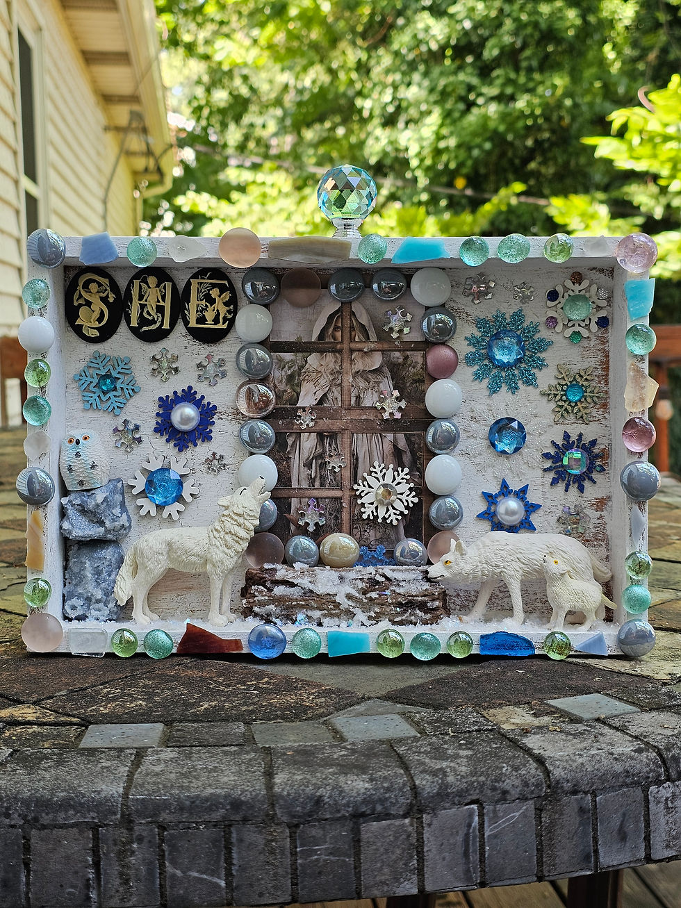Mother of Wolves Diorama-12" box painted white with a white wolf family-various textures of snowflakes-SHE word cabs