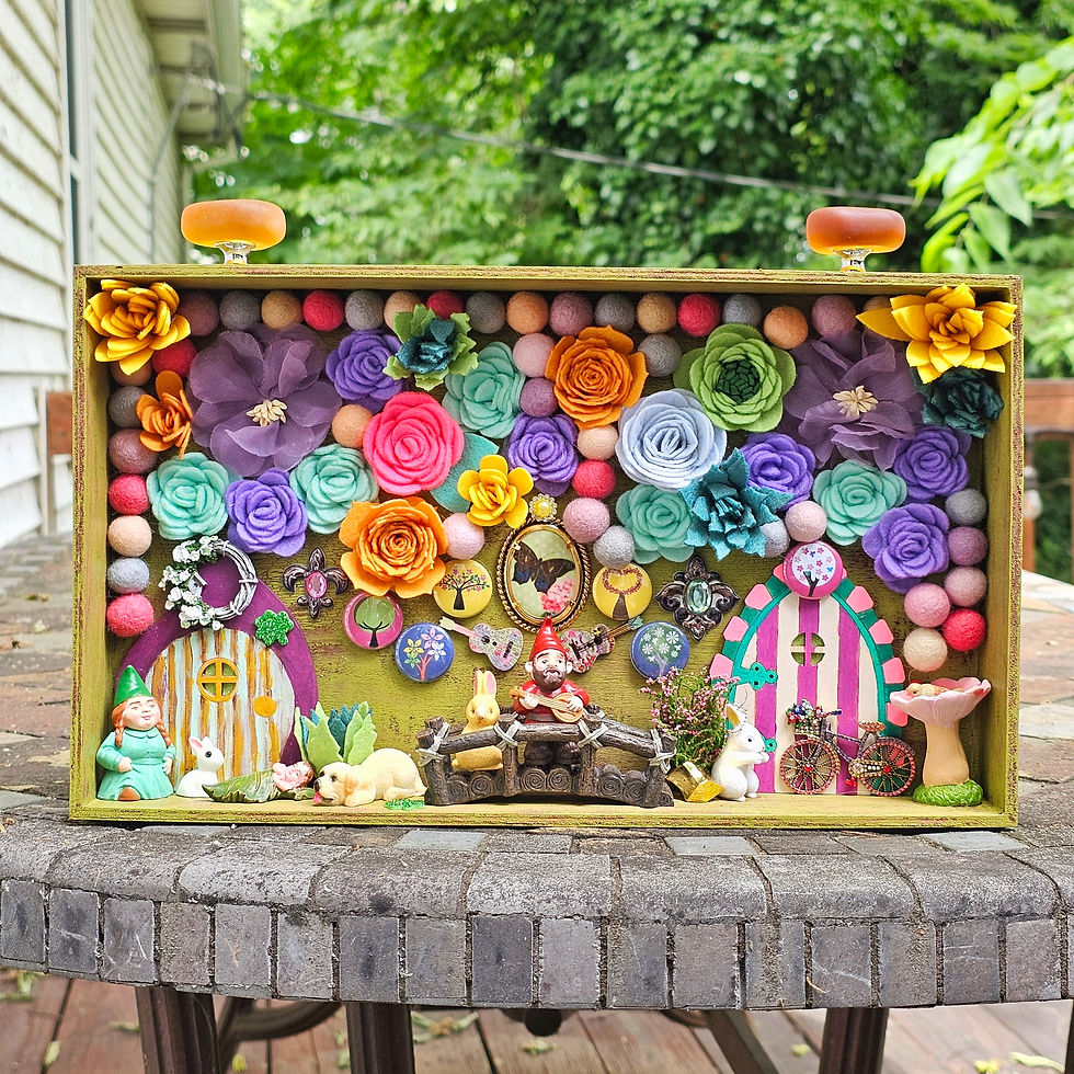 spring is here diorama-felted flowers and balls-gnomes-dog-rabbits-baby-fairy doors-bird in birdbath-bicycle